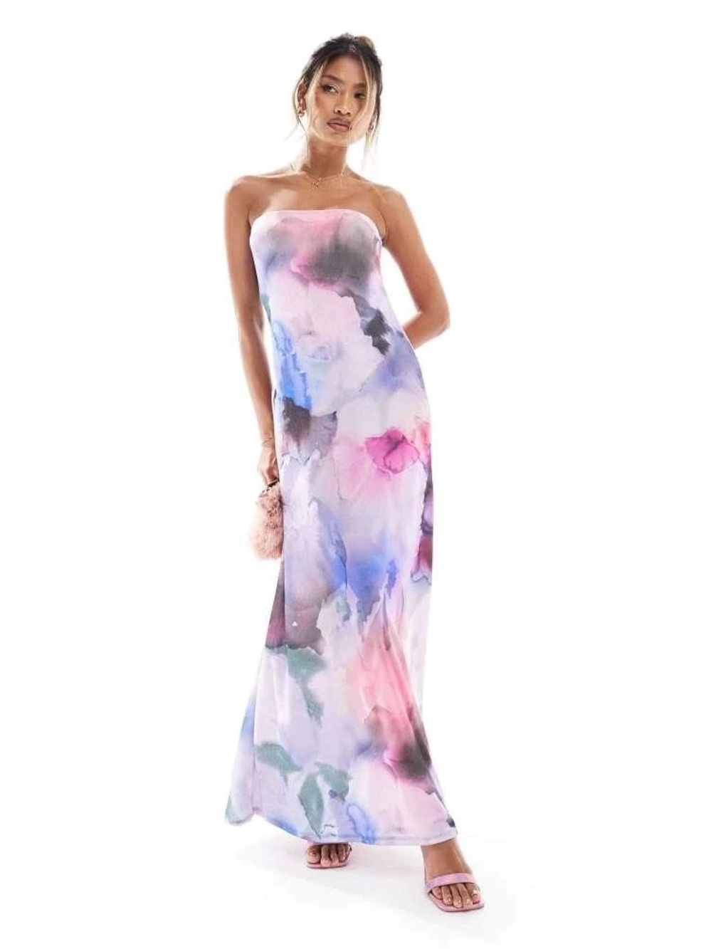 ASOS Strapless Watercolor Maxi Dress in Pink, Blue & Purple